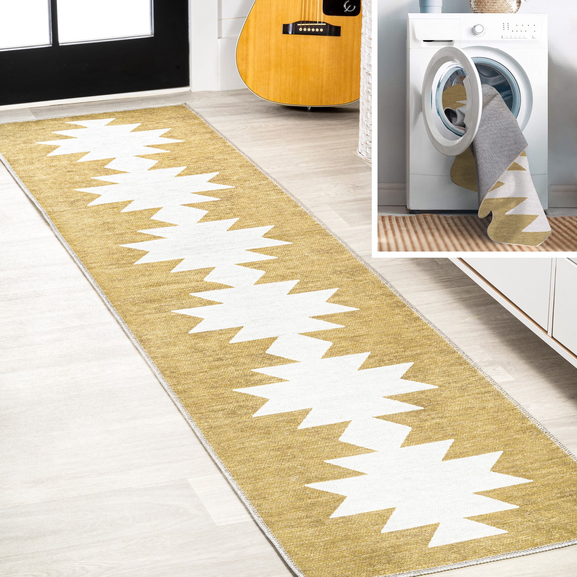 Chayton Yellow and Cream Geometric Machine-Washable Runner Rug