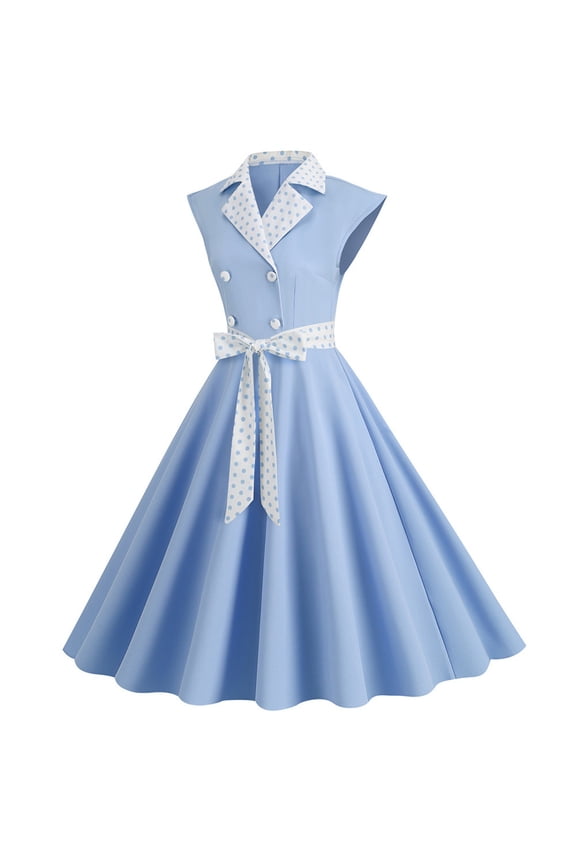 1950s Dress for Women Casual Retrol Vintage Cocktail Party Dress Double Breasted Lapel Dotted Midi Dress with Belt