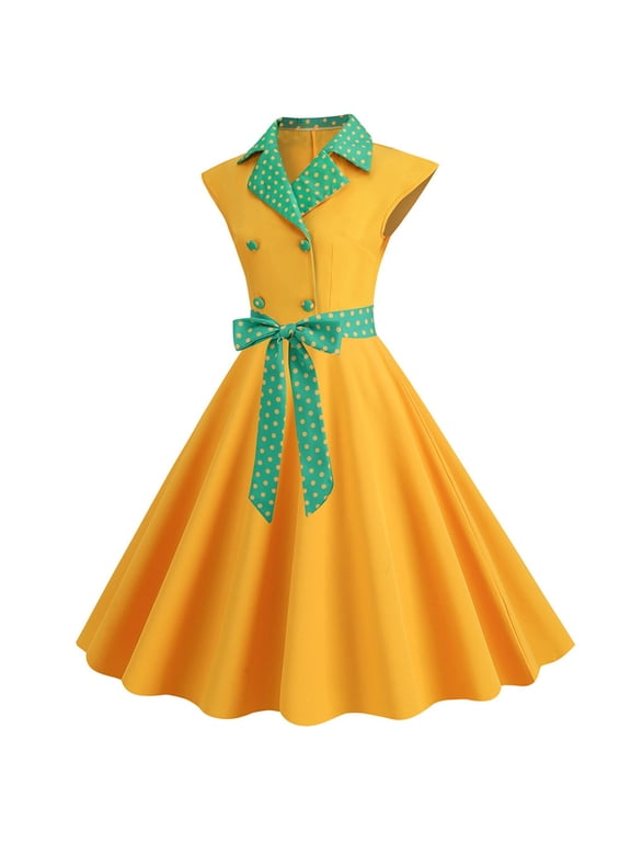 1950s Dress for Women Casual Retrol Vintage Cocktail Party Dress Double Breasted Lapel Dotted Midi Dress with Belt