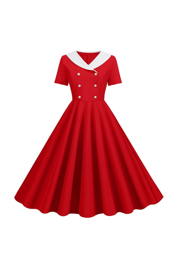 1950s Vintage Dress for Women Double Breasted Short Sleeve Lapel Dress Casual Summer Cocktail Elegant Dress
