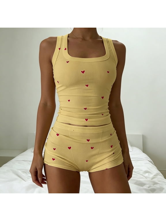 2 Piece Lounge Sets for Women Heart Print Summer Fitted Outfits Sleeveless Square Neck Cop Tops Short Shorts Casual Cute Dressy Sets