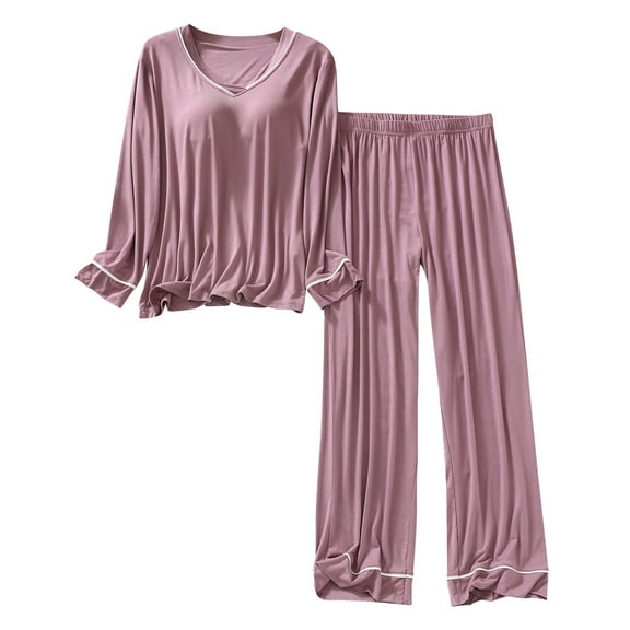 Chbgutlmr 2 Piece Pajamas for Women Sets Summer V Neck Long Sleeve Tops Straight Leg Pants Soft Homewear Outfits