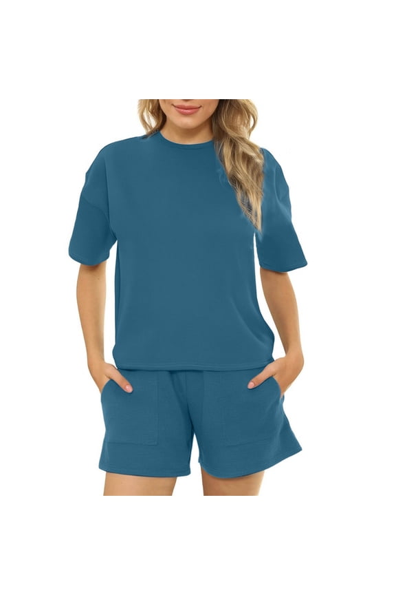 2 Piece Set for Women Crewneck Short Sleeve T Shirt Casual Shorts with Pockets Set Basic Matching Clothing Set