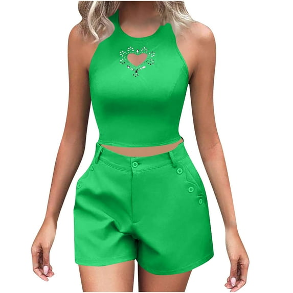Chbgutlmr 2 Piece Set for Women Summer Round Neck Sleeveless Tank Top Button Shorts with Pocket Set Fashion Outfit