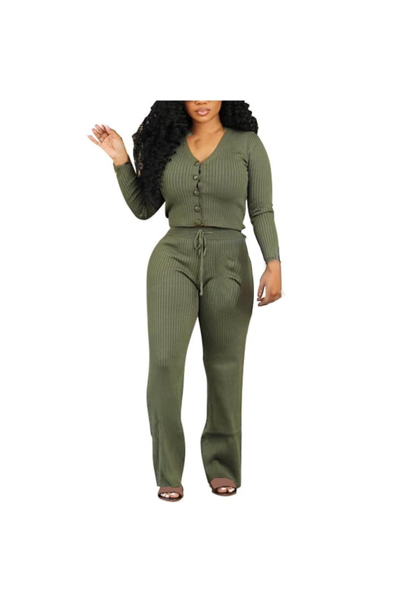 2 Piece Sets for Women Button up Long Sleeve Slim Cardigans Drawstring Waist Pants Comfy Knitted Outfits