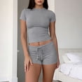 thumbnail image 1 of Chbgutlmr 2 Piece Sets for Women Casual Summer Fitted Outfits Short Sleeve Crew Neck Crop Tops Drawstring Shorts Comfy Basic Plain Set, 1 of 6