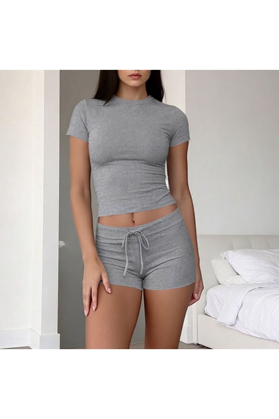 2 Piece Sets for Women Casual Summer Fitted Outfits Short Sleeve Crew Neck Crop Tops Drawstring Shorts Comfy Basic Plain Set