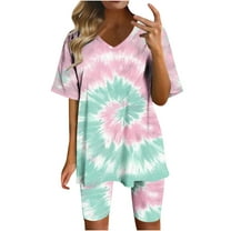 Chbgutlmr 2 Piece Sets for Women Crewneck Cap Sleeve T Shirts Loose Shorts Gradient Color Casual Running Summer Outfits