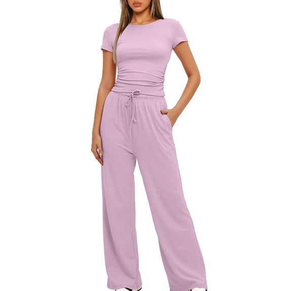 Chbgutlmr 2 Piece Sets for Women Crewneck Short Sleeve Slim Tees Wide Leg Pants Comfy Athletic Casual Outfits