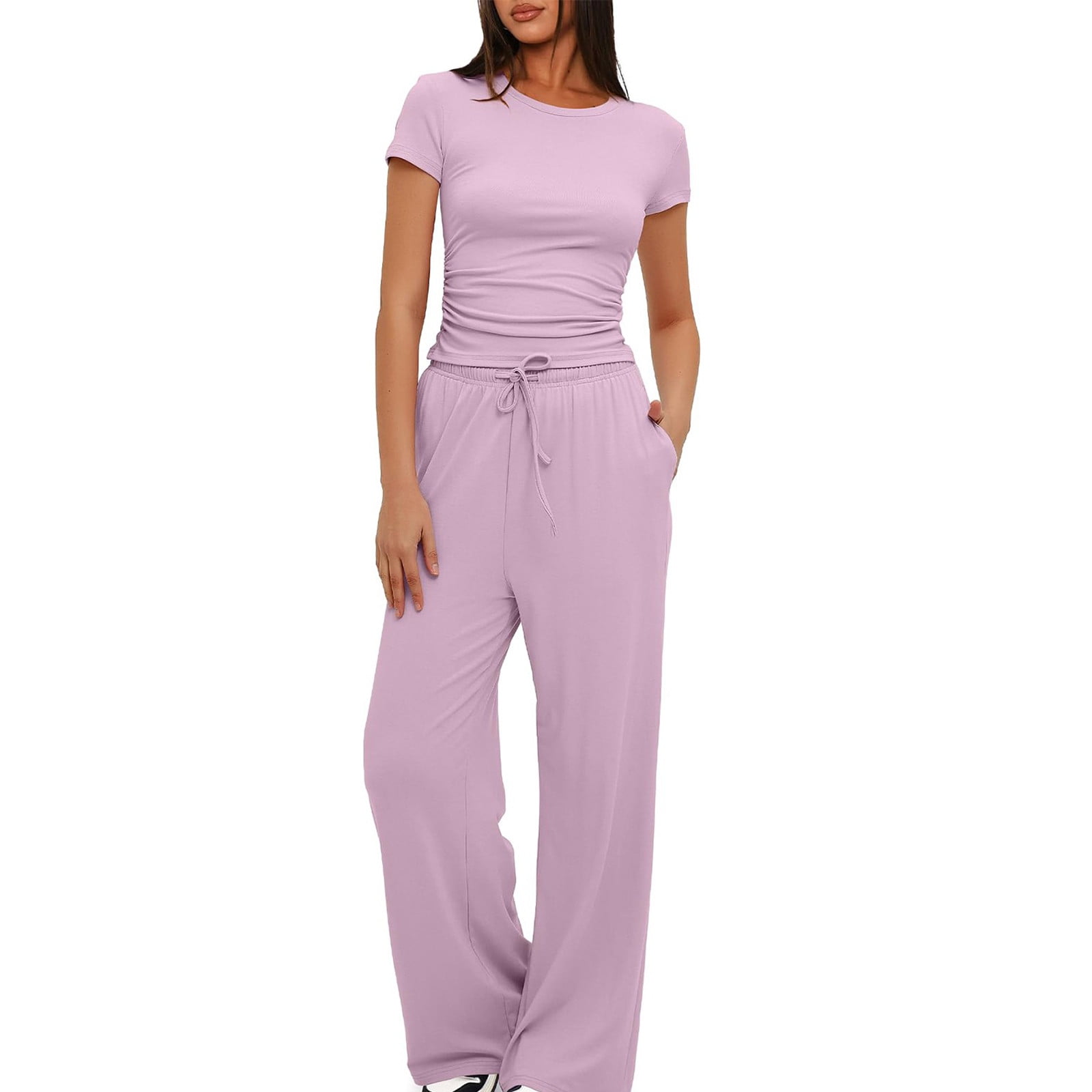 Women's Plain Short Sleeve Down-Collar Top & Wide Pants Set.