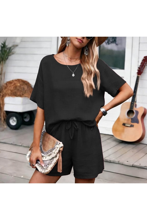 2 Piece Sets for Women Short Sleeve Round Neck T-Shirts Drawstring Elastic Waist Ruched Shorts Casual Loose Summer Plain Outfits