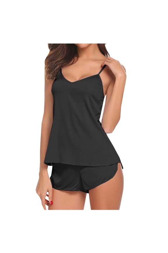 2 Piece Sets for Women Stain Summer Pjs V Neck Low Back Tank Tops Side Split Shorts Lounge Outfits