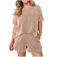 thumbnail image 1 of Chbgutlmr 2 Piece Sets for Women Summer Ribbed Crewneck Short Sleeve T Shirt Shorts Pockets Lounge Outfits, 1 of 6