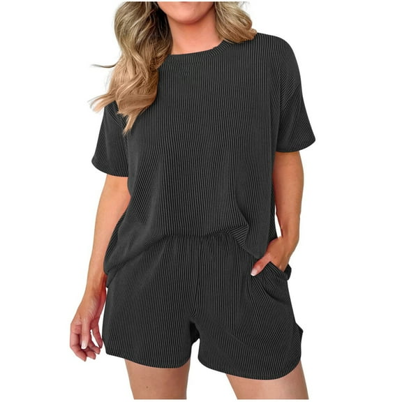 Chbgutlmr 2 Piece Sets for Women Summer Ribbed Crewneck Short Sleeve T Shirt Shorts Pockets Lounge Outfits