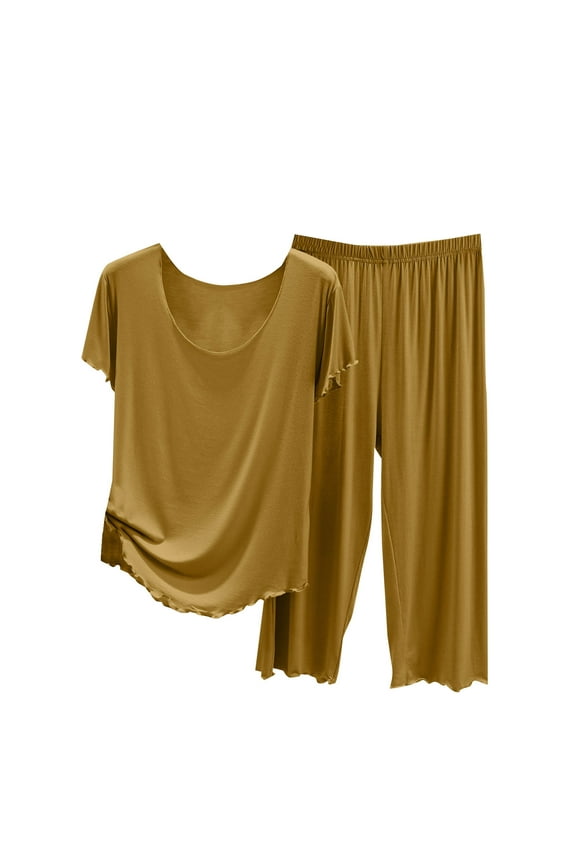 2 Piece Sets for Women Summer Scoop Neck Short Sleeve Tops Straight Leg Pants Ruffle Pajamas Outfits