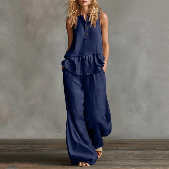 Chbgutlmr 2 Piece Sets for Women Summer Sleeveless Notch Neck Ruffled Hem Half Button Tank Tops Straight Leg Pants Casual Loose Dressy Outfits