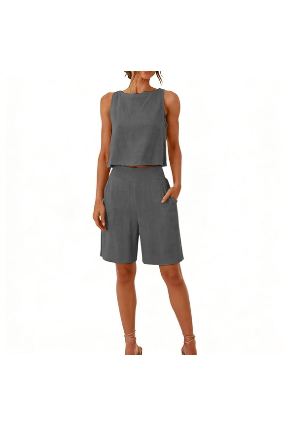 2 Piece Sets for Women Summer Sleeveless Scoop Neck Crop Tops Flat Front Wide Leg Bermuda Shorts Casual Loose Plain Outfits