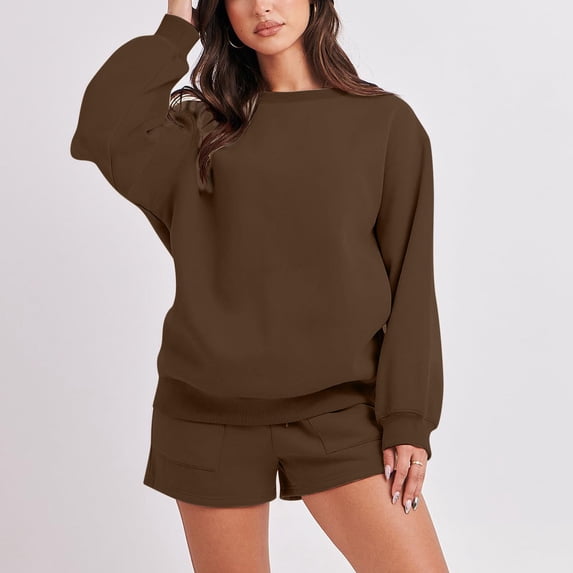 Chbgutlmr 2 Piece Sets for Women Two Piece Spring Outfits Long Sleeve Crew Neck Pullover Drawstring Elastic Waist Shorts Casual Comfy Plain Set