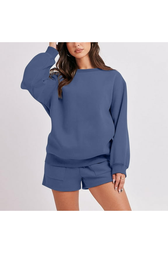 2 Piece Sets for Women Two Piece Spring Outfits Long Sleeve Crew Neck Pullover Drawstring Elastic Waist Shorts Casual Comfy Plain Set