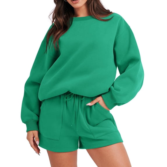 Chbgutlmr 2 Piece Sets for Women Two Piece Spring Outfits Long Sleeve Crew Neck Pullover Drawstring Elastic Waist Shorts Casual Comfy Plain Set