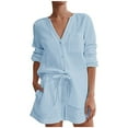 thumbnail image 1 of Chbgutlmr 2 Piece Sets for Women V Neck Long Sleeve Button-Down Shirts Loose Shorts Ruched Casual Outfits, 1 of 6