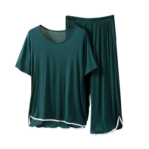 Chbgutlmr 2 Piece Summer Outfits for Women Round Neck Tshirts Split Side Straight Leg Pants Casual Comfy Sets