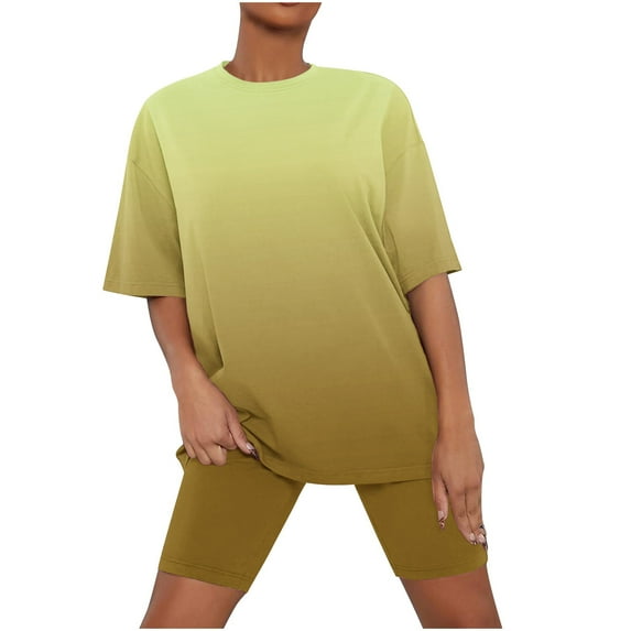 Chbgutlmr 2 Piece Women Summer Outfits Crewneck 1/2 Sleeve Loose Tshirts Slim Shorts Gradient Color Casual Sets