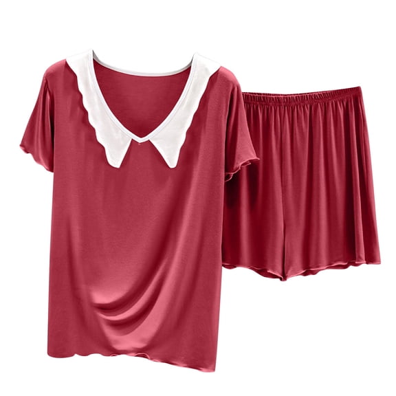 Chbgutlmr 2 Piece Womens Pajama Sets Summer V Neck Ruffle Short Sleeve Tshirts Wide Leg Shorts Soft Pjs Outfits