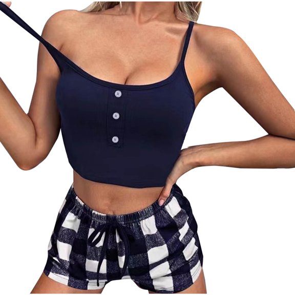 Chbgutlmr 2 Piece Womens Summer Outfits Summer U Neck Skinny Button Tank Tops Loose Plaid Shorts Lounge Sets