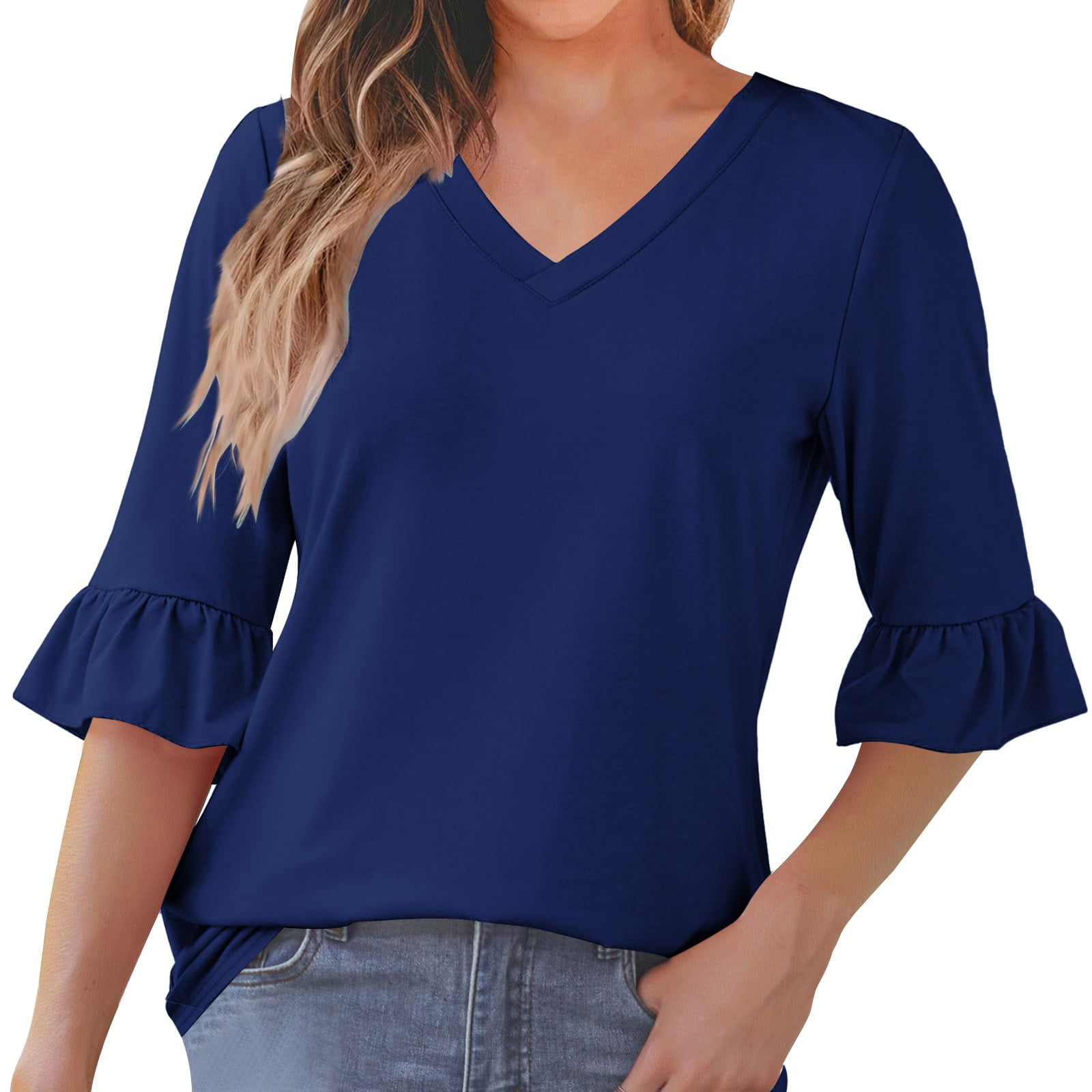 Chbgutlmr 3/4 Length Sleeve Tops for Women Solid Color Ruffle V Neck ...