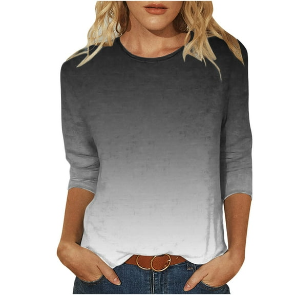 Chbgutlmr 3/4 Sleeve Tops for Women Plus Size Crewneck Dressy Casual Comfy Blouses Gradient Color Loose Shirts
