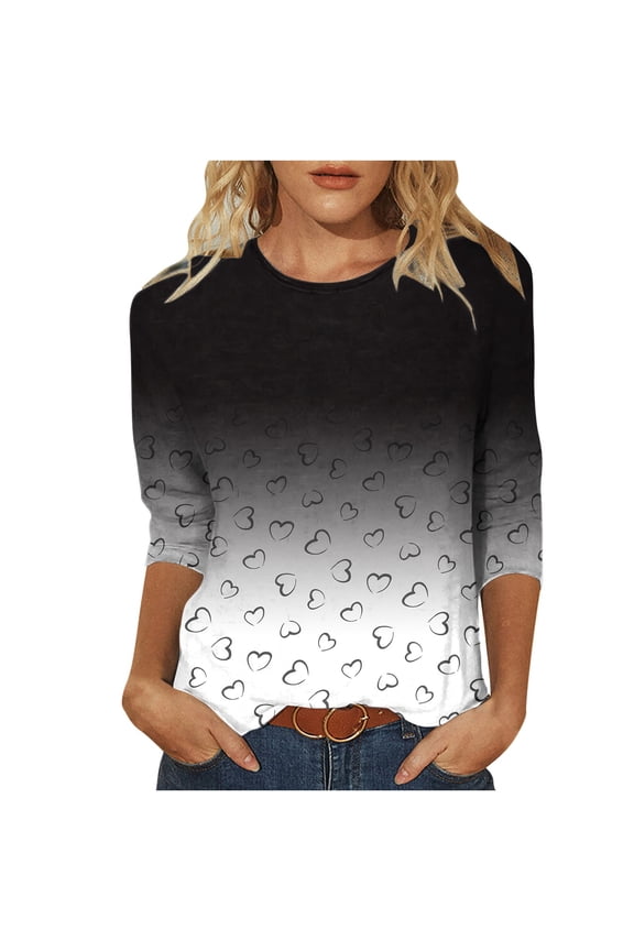 3/4 Sleeve Tops for Women Plus Size Crewneck Dressy Casual Comfy Blouses Gradient Color Loose Shirts