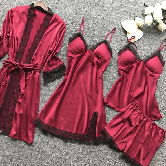 Chbgutlmr 4 Piece Pajamas Set for Women Lace Blocked Built in Bra Loungewear Sets Casual Comfy Soft Dressy Cute Sleepwear Homewear Set