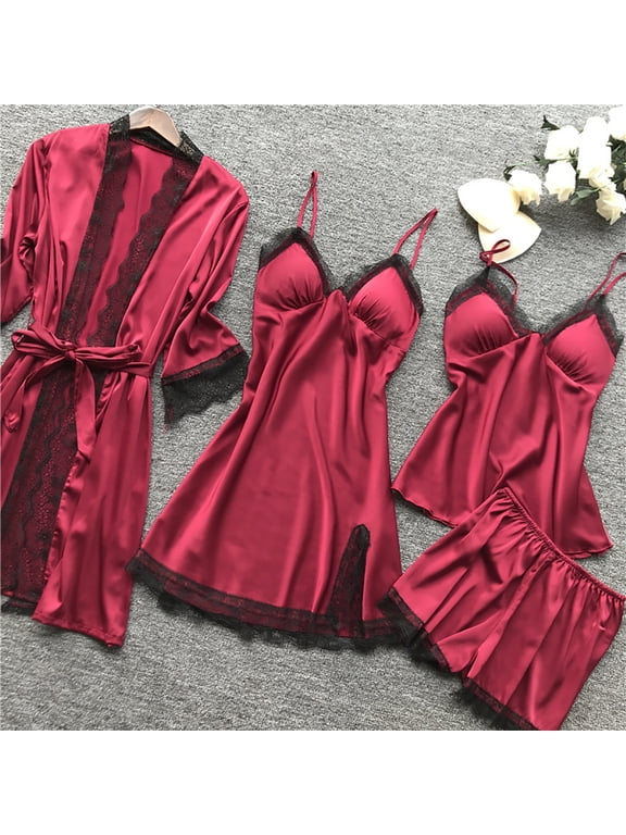 4 Piece Pajamas Set for Women Lace Blocked Built in Bra Loungewear Sets Casual Comfy Soft Dressy Cute Sleepwear Homewear Set