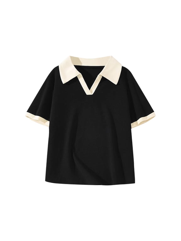 Baby Boy Girls Clothes Lapel V Neck Tee Shirts Kids Unisex Short Sleeve Color Block Summer Blouses