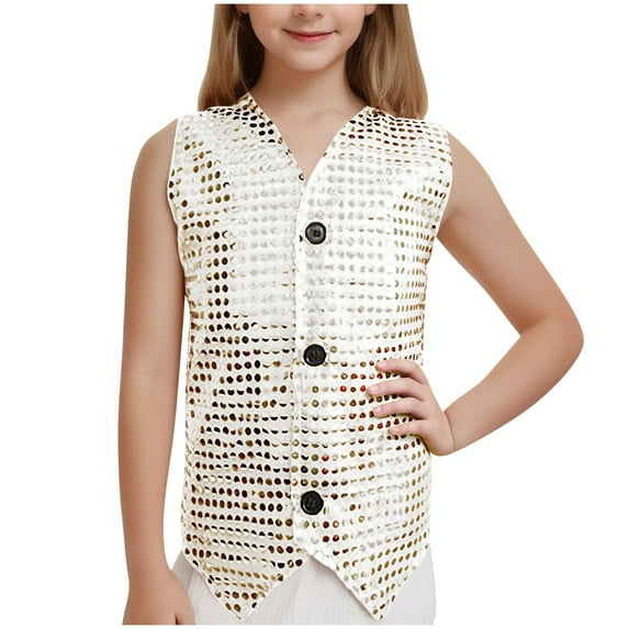 Chbgutlmr Baby Clothes Girls Sequin Waistcoat Kids Button down V Neck Dance Performance Tank Tops 1-16 Years
