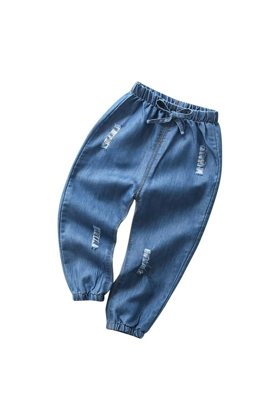 Baby Clothes Kids Boy Girl Denim Pants Drawstring Ripped Jeans Trousers with Pockets Fashion