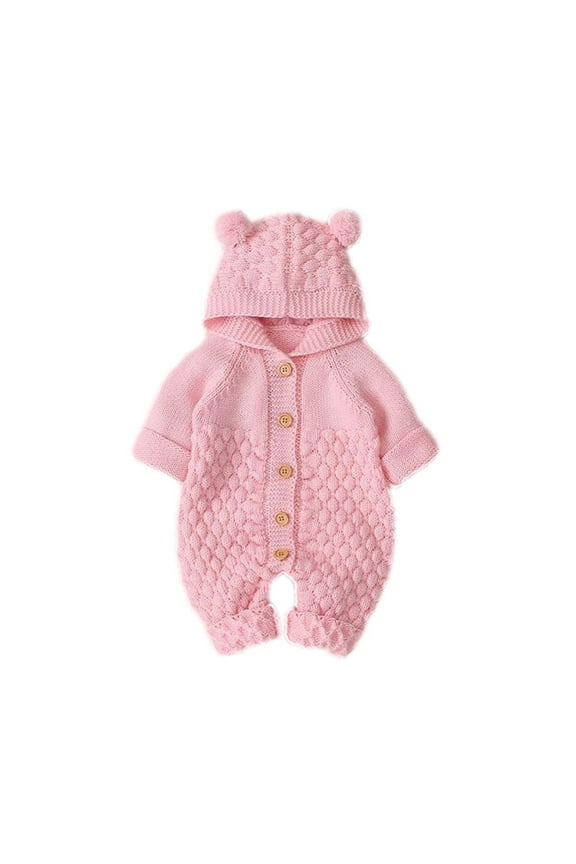 Baby Clothes Toddler Fall Winter Knitted Onesie Newborn Boy Girl Button up Warm Hooded Rompers
