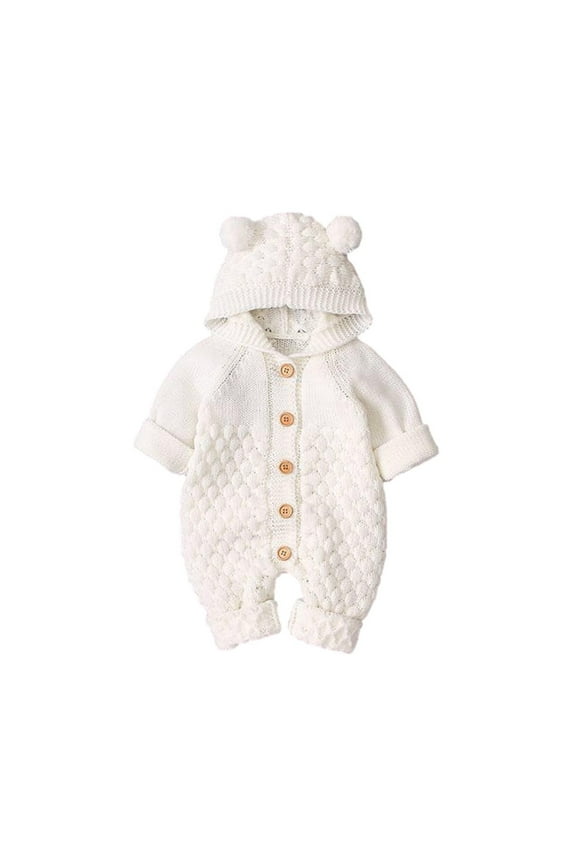 Baby Clothes Toddler Fall Winter Knitted Onesie Newborn Boy Girl Button up Warm Hooded Rompers