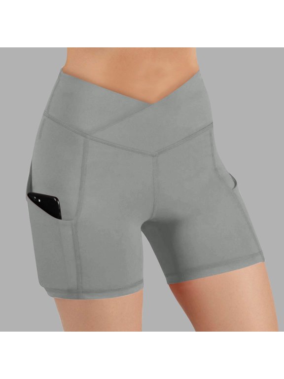 Biker Shorts for Women High Crossover Waist Butt Lifting Slim Fitted Shorts Casual Summer Workout Yoga Shorts with Pockets