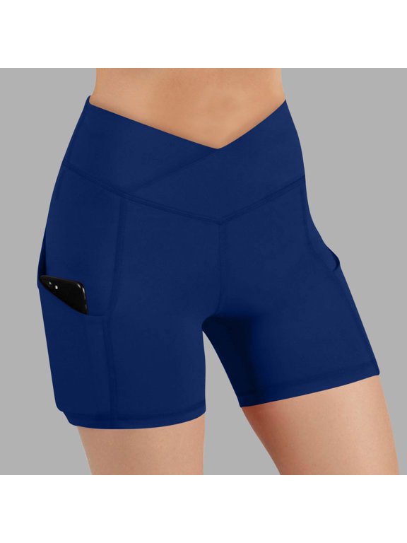 Biker Shorts for Women High Crossover Waist Butt Lifting Slim Fitted Shorts Casual Summer Workout Yoga Shorts with Pockets