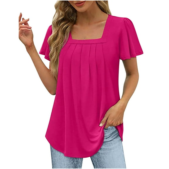 Chbgutlmr Blouses for Women Dressy Casual Square Neck Short Sleeve Tshirts Loose Comfy Pleated Tunic Tops