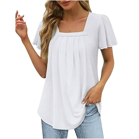 Chbgutlmr Blouses for Women Dressy Casual Square Neck Short Sleeve Tshirts Loose Comfy Pleated Tunic Tops