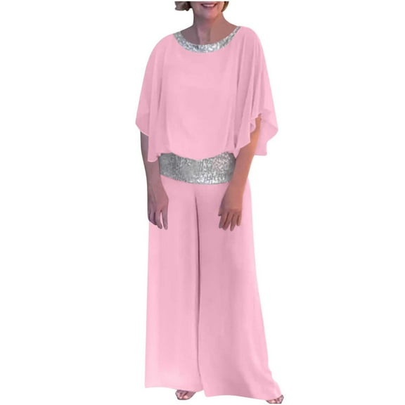 Chbgutlmr Business Casual Outfits for Women 2 Piece Crewneck Half Sleeve Sequin Blouse Cropped Pants Matching Clothing Sets