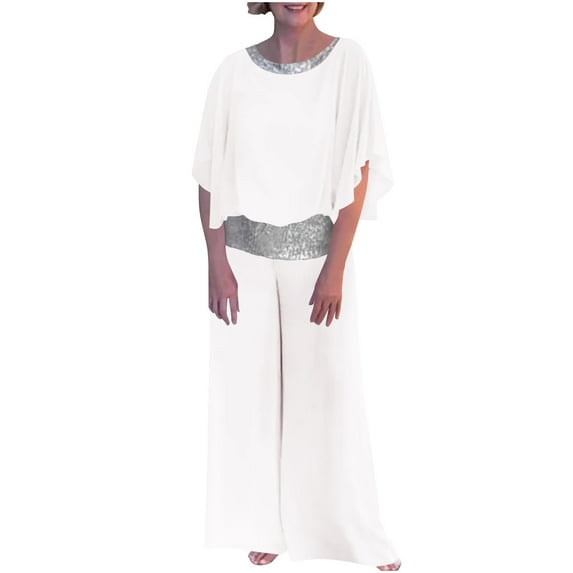 Chbgutlmr Business Casual Outfits for Women 2 Piece Crewneck Half Sleeve Sequin Blouse Cropped Pants Matching Clothing Sets