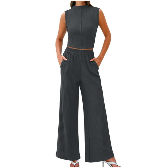 Chbgutlmr Business Casual Outfits for Women 2 Piece Crewneck Tank Tops Wide Leg Pants Ribbed Office Sets