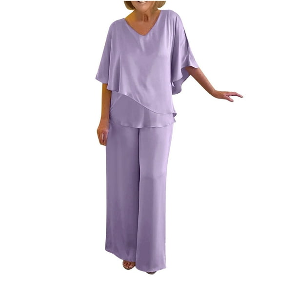 Chbgutlmr Business Casual Outfits for Women 2 Piece V Neck Half Sleeve Ruffle Blouses Wide Leg Pants Smoothing Sets