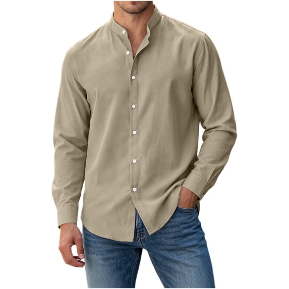 Chbgutlmr Button down Shirts for Men Cotton Linen Long Sleeve Mock Neck T-Shirts Casual Loose Lightweight Plain Tops