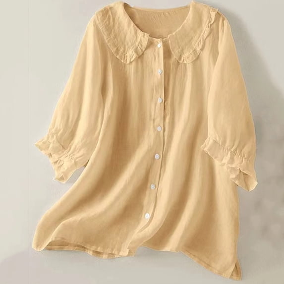 Chbgutlmr Button down Shirts for Women 3/4 Sleeve Turn down Collar Ruffled T-Shirts Casual Loose Summer Comfy Lightweight Tops
