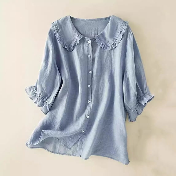 Chbgutlmr Button down Shirts for Women 3/4 Sleeve Turn down Collar Ruffled T-Shirts Casual Loose Summer Comfy Lightweight Tops